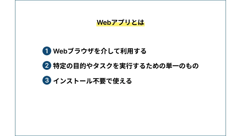 ウェブアプリとは
1.ウェブブラウザを介して利用する
2.特定の目的やタスクを実行するための単一のもの
3.インストール不要で使える