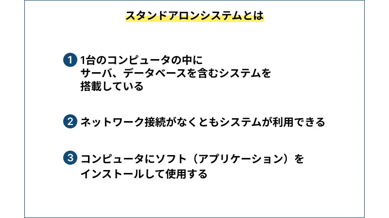 スタンドアロンシステムとは
1.1台のコンピュータの中にサーバ、データベースを含むシステムを搭載している
2.ネットワーク接続がなくてもシステムが利用できる
3.コンピュータにソフト（アプリケーション）をインストールして利用できる
