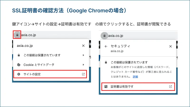 SSL証明書の確認方法（Google Chromeの場合）
鍵アイコン→サイトの設定→証明書は有効です　の順でクリックすると、証明書が閲覧できる