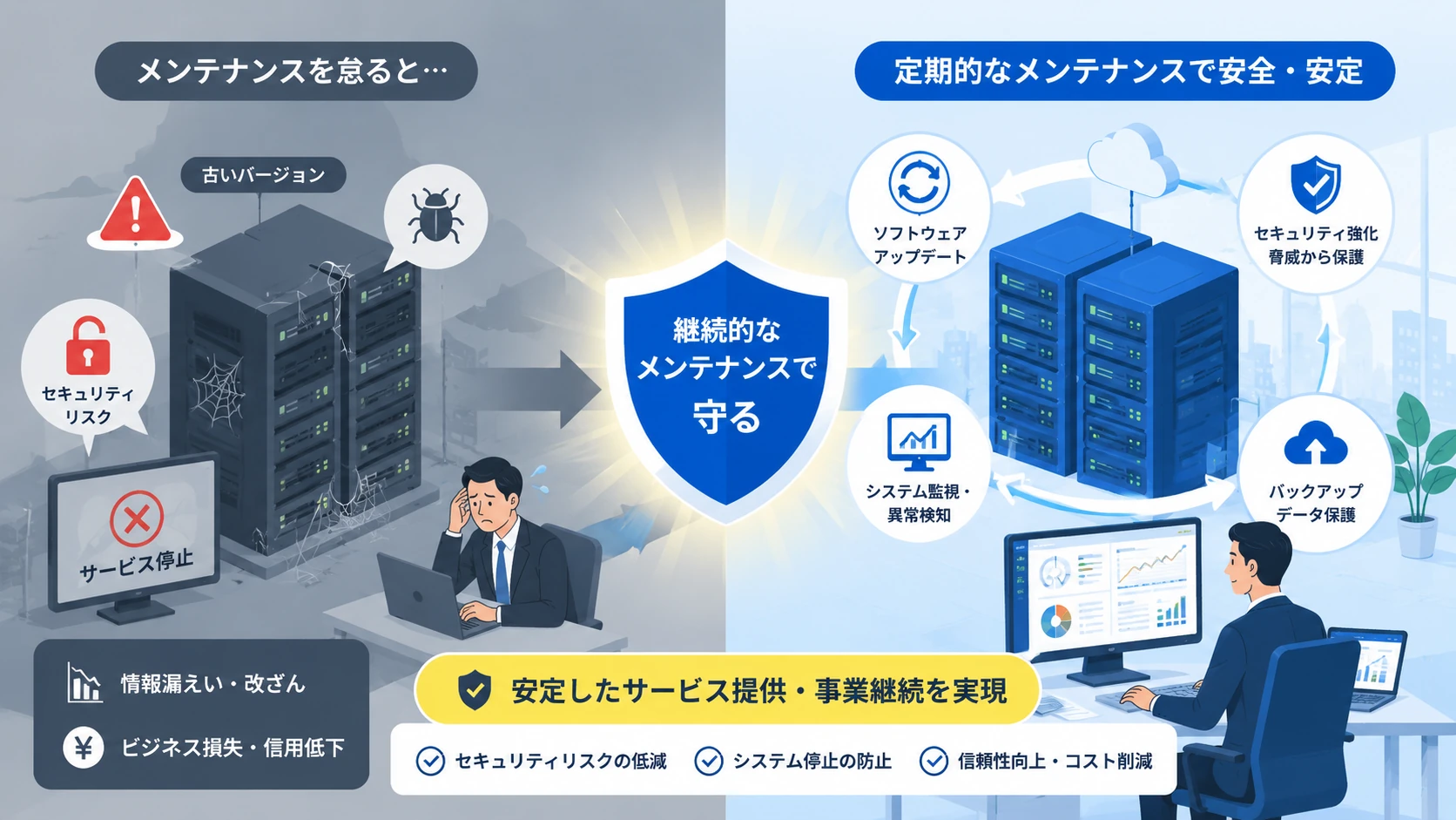 メンテナンスを怠るとどうなるか、定期的なメンテナンスをするとどうなるかの対比図。メンテナンスを怠ると、古いバージョンのまま放置され、セキュリティリスク・サービス停止・情報漏えいや改ざん・ビジネス損害や信用低下につながる。定期的なメンテナンスをすると、ソフトウェアアップデート・セキュリティ強化・システム監視と異常検知・バックアップによって安定したサービス提供と事業継続を実現し、セキュリティリスクの低減・システム停止の防止・信頼性向上とコスト削減につながる。継続的なメンテナンスでシステムを守ることが重要。