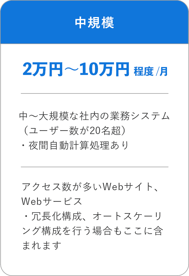 中規模システムのサーバー費用月額2万円〜10万円程度